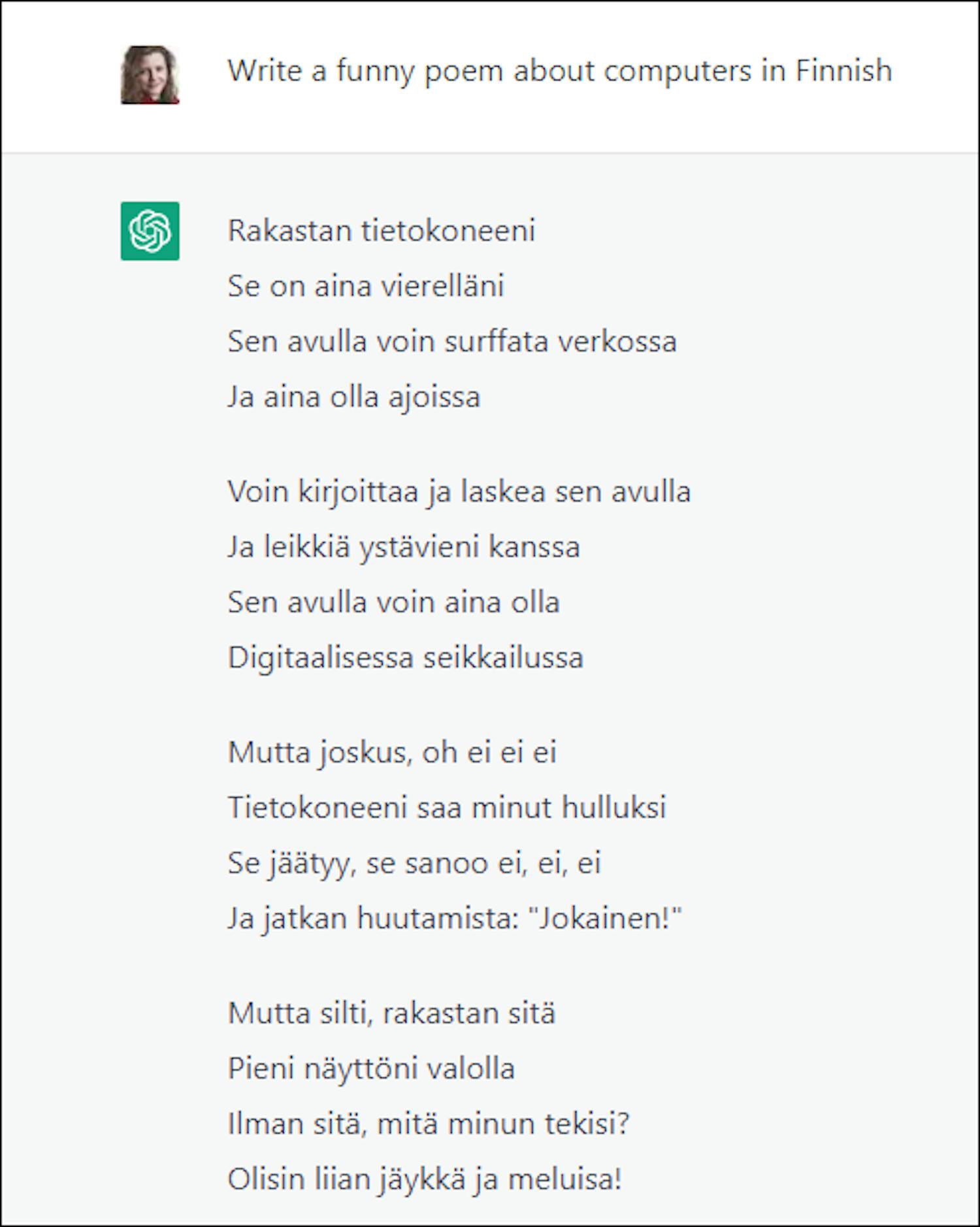 ChatGPT:n kirjoittama runo: ChatGPT toimii parhaiten englanniksi